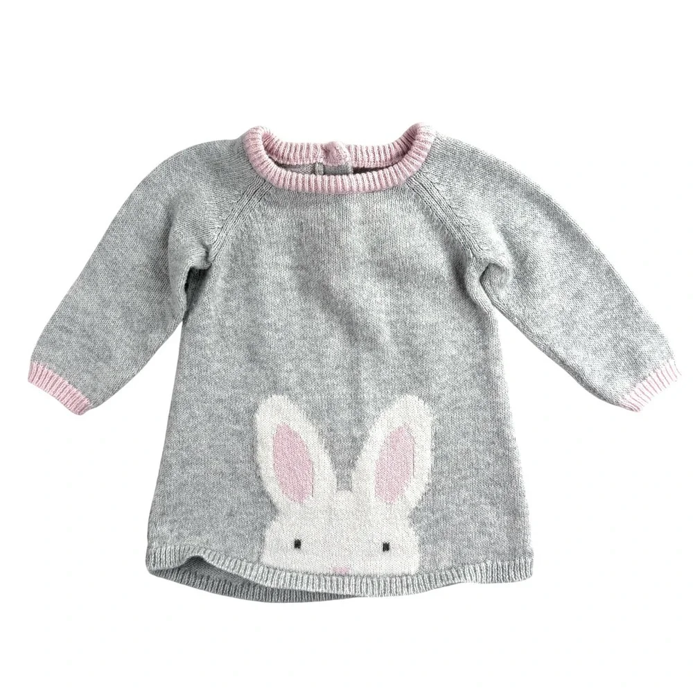 Gymboree‎ Baby Girls Grey Pink Bunny Knit Sweater Dress 3-6 Months Raglan Sleeve
